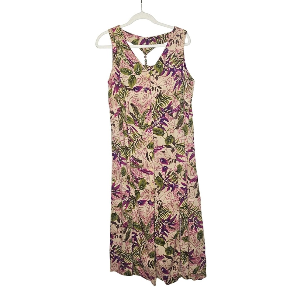 Tropical Vintage Erika Sleeveless‎ Button Down Maxi Dress Botanical Print Beads